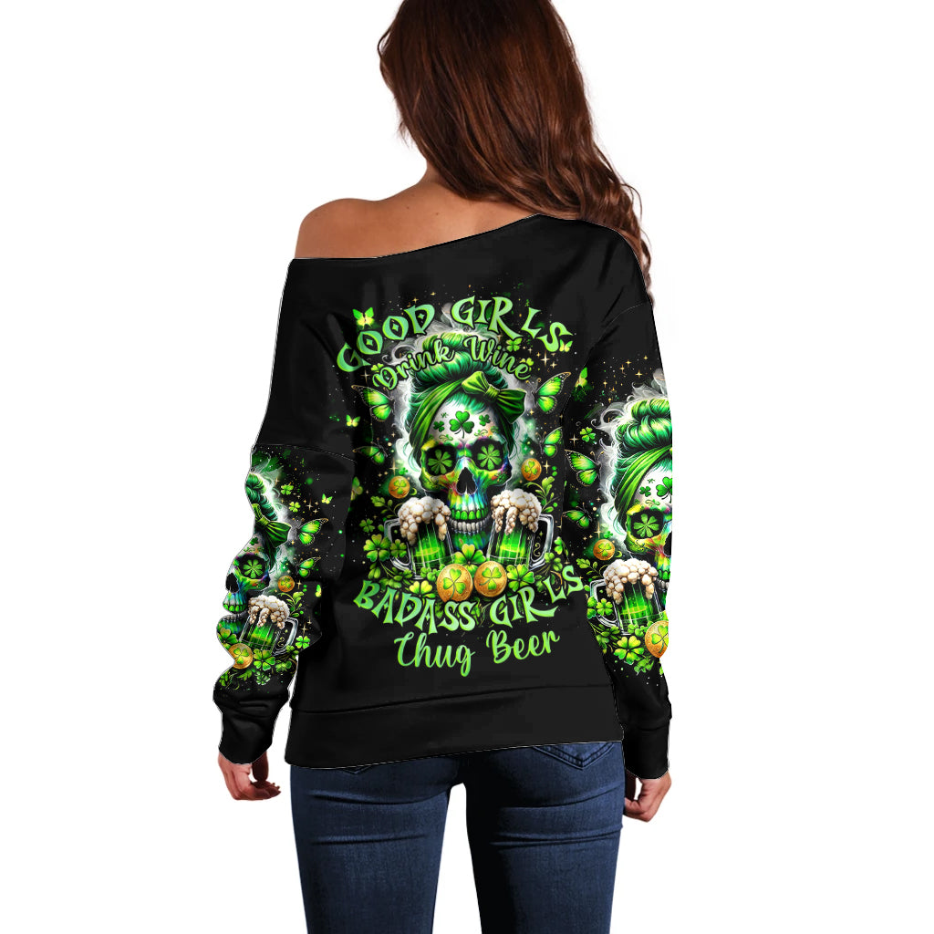 Irish Skull Off Shoulder Sweater Good Girls Drink Wine Badass Girls Thug Beer - Wonder Print Shop