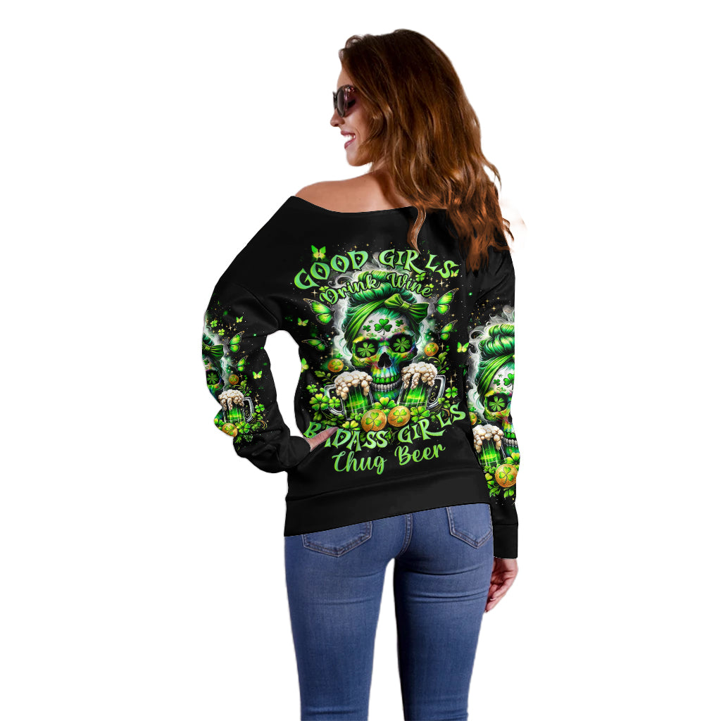 Irish Skull Off Shoulder Sweater Good Girls Drink Wine Badass Girls Thug Beer - Wonder Print Shop