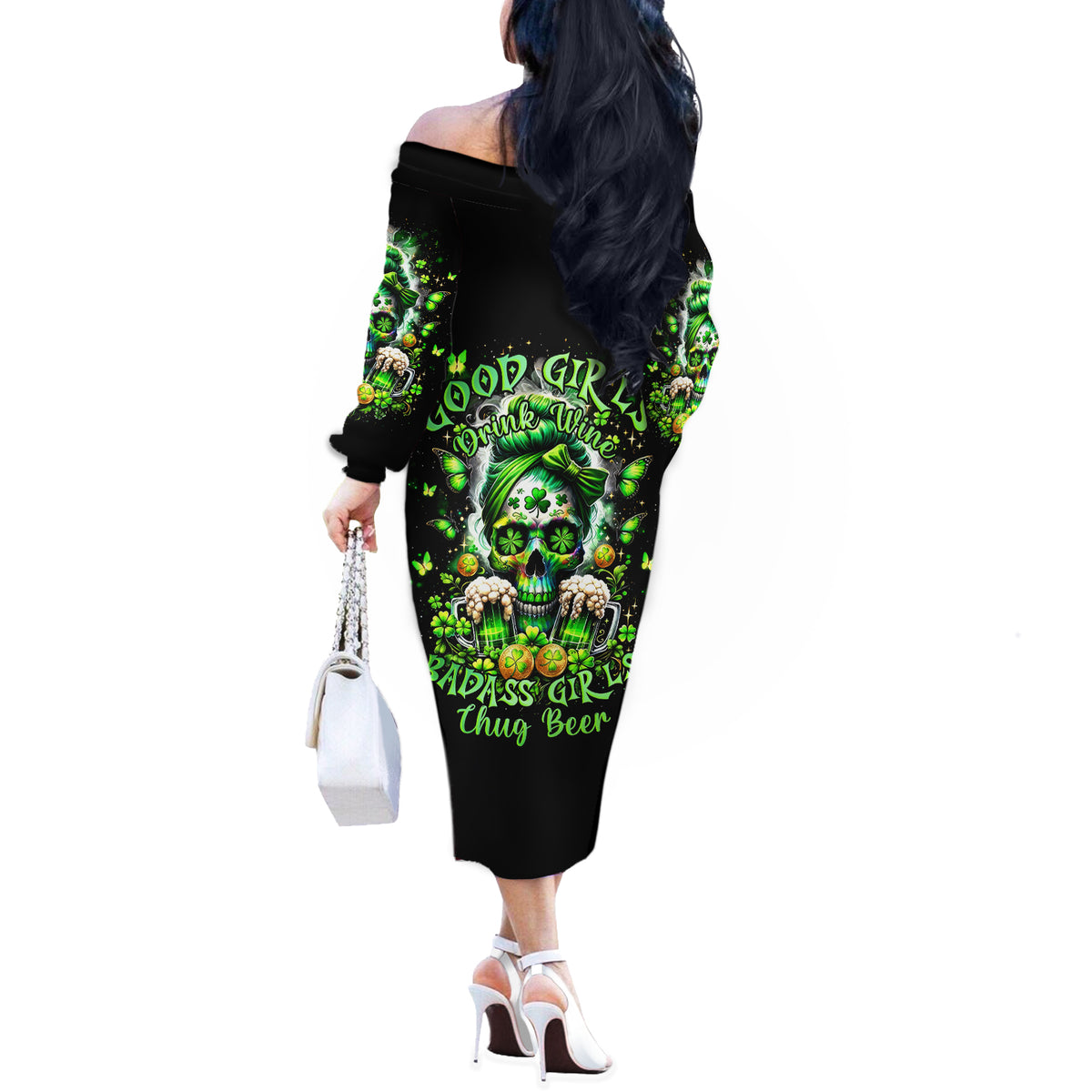 Irish Skull Off The Shoulder Long Sleeve Dress Good Girls Drink Wine Badass Girls Thug Beer - Wonder Print Shop