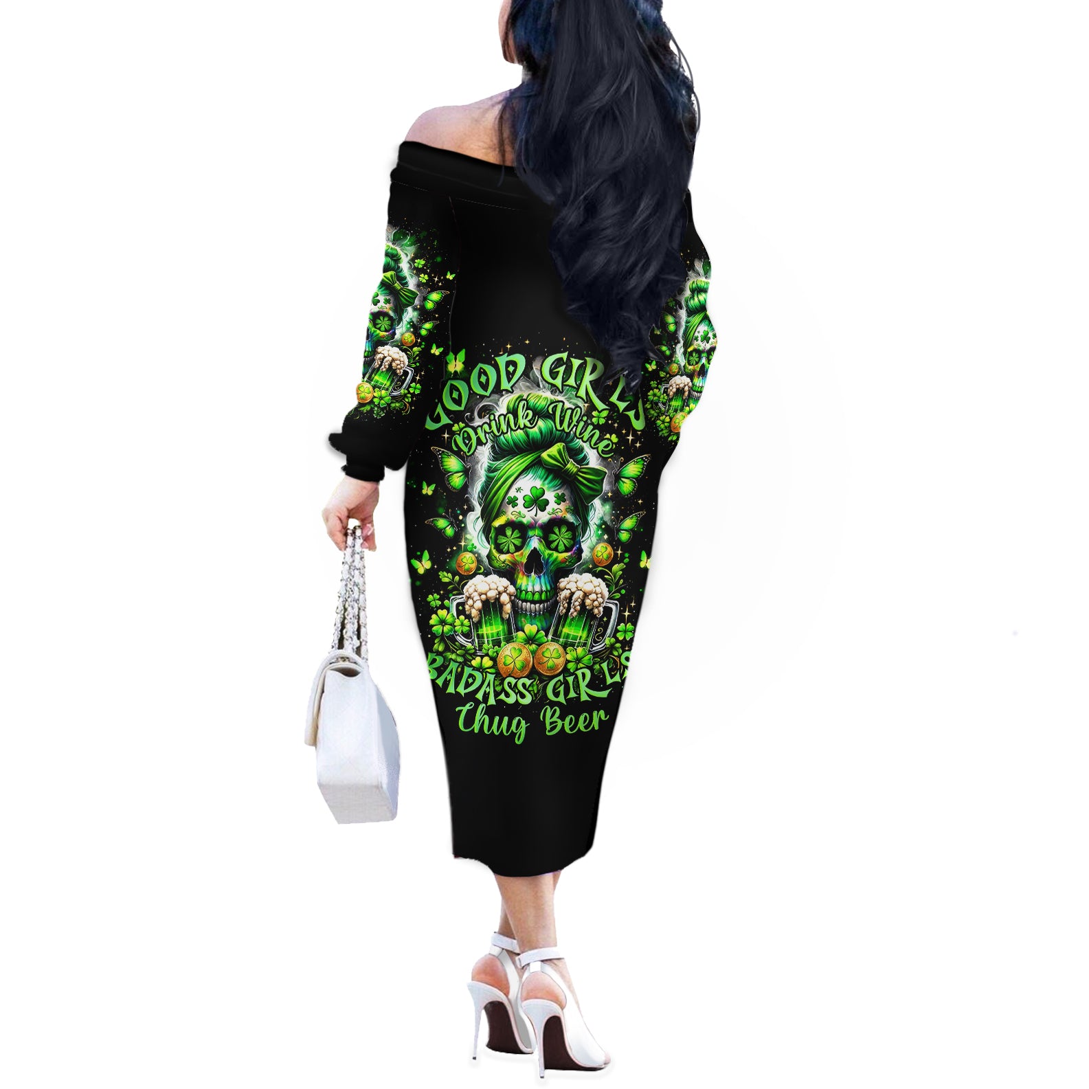 Irish Skull Off The Shoulder Long Sleeve Dress Good Girls Drink Wine Badass Girls Thug Beer - Wonder Print Shop