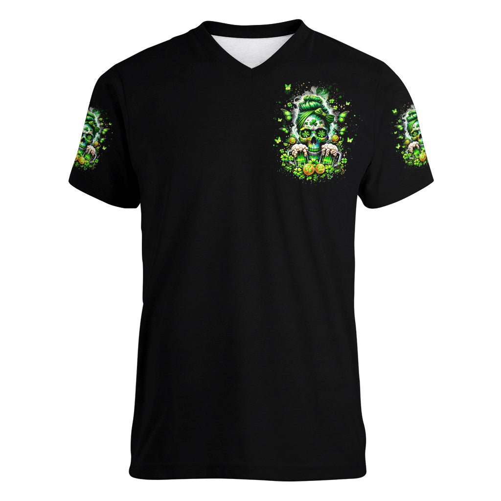 Irish Skull Women V Neck T Shirt Good Girls Drink Wine Badass Girls Thug Beer - Wonder Print Shop