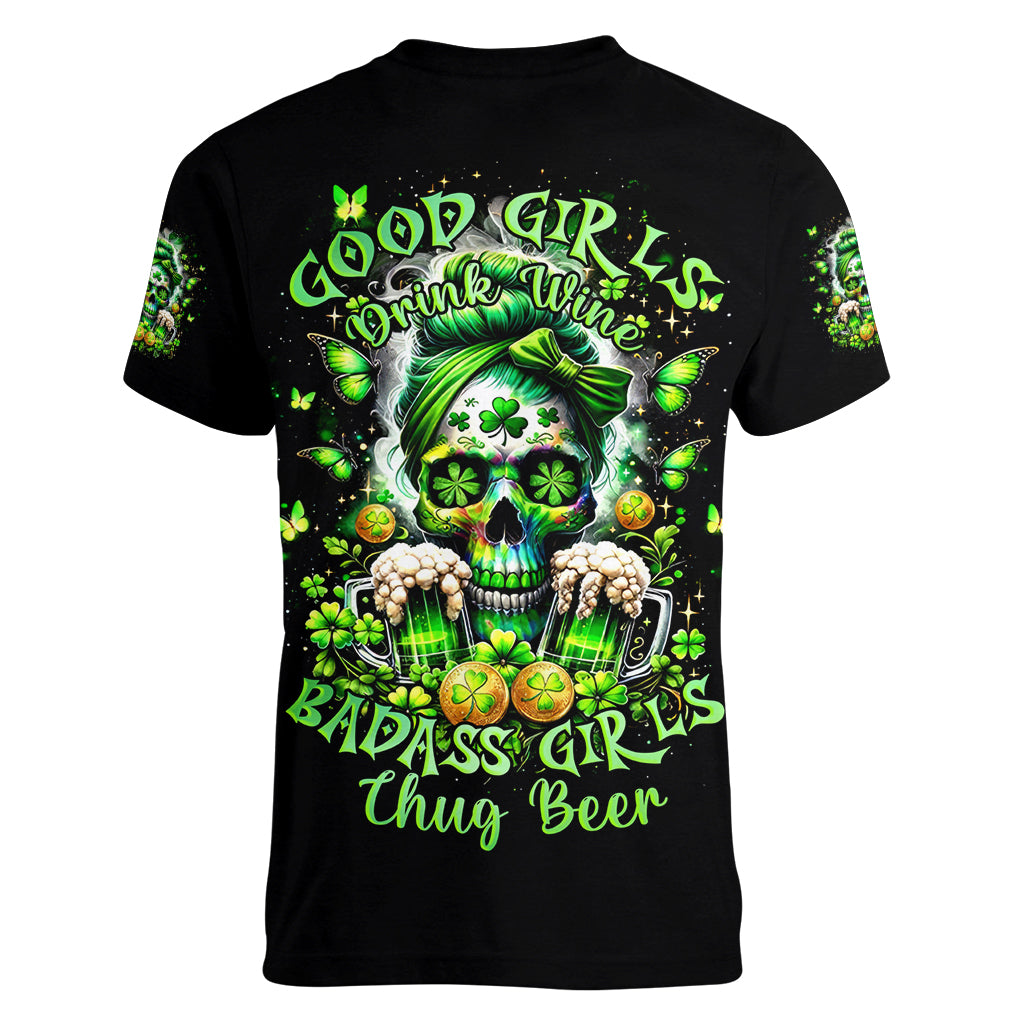 Irish Skull Women V Neck T Shirt Good Girls Drink Wine Badass Girls Thug Beer - Wonder Print Shop