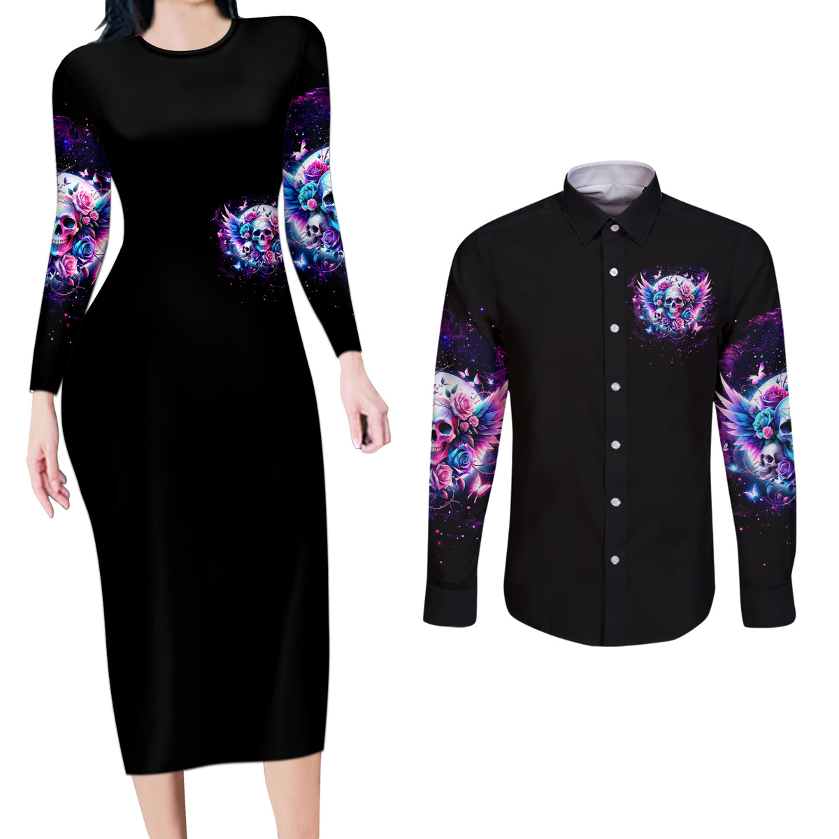 Wings Skll Couples Matching Long Sleeve Bodycon Dress and Long Sleeve Button Shirt I'm A Good Person But Don't Give Me A Reason To Show My Evil - Wonder Print Shop