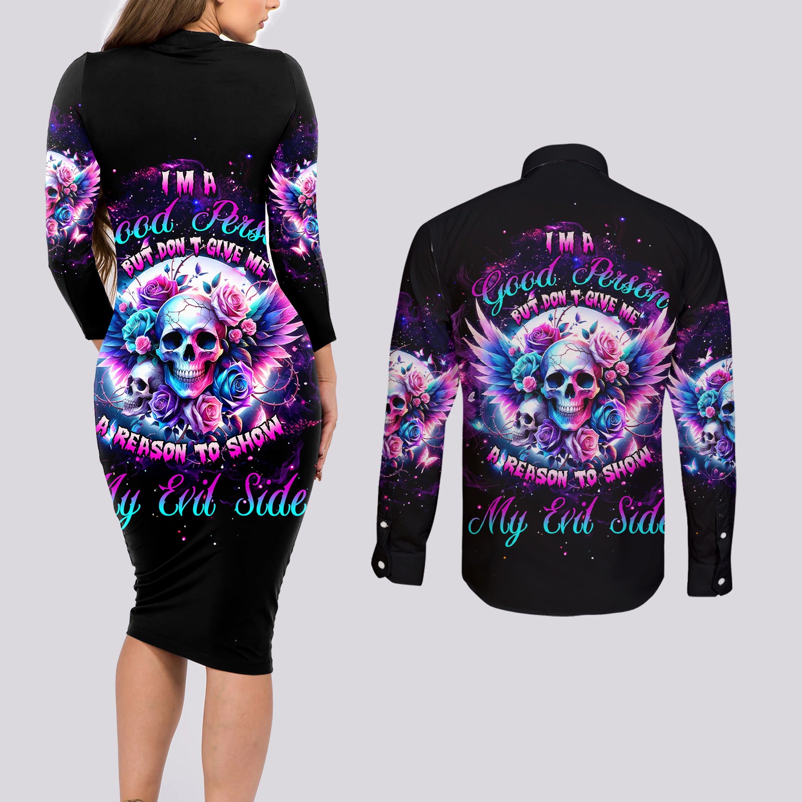 Wings Skll Couples Matching Long Sleeve Bodycon Dress and Long Sleeve Button Shirt I'm A Good Person But Don't Give Me A Reason To Show My Evil - Wonder Print Shop