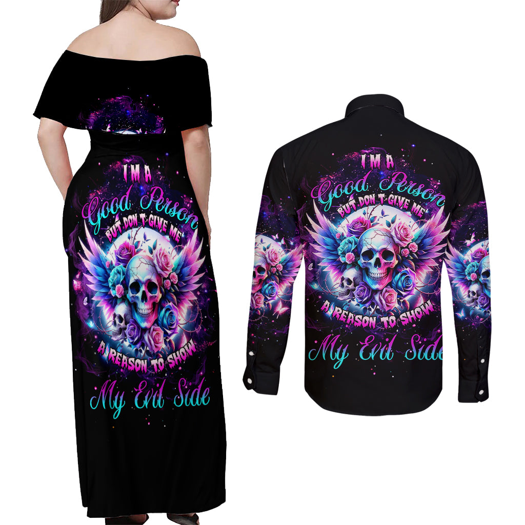 Wings Skll Couples Matching Off Shoulder Maxi Dress and Long Sleeve Button Shirt I'm A Good Person But Don't Give Me A Reason To Show My Evil - Wonder Print Shop