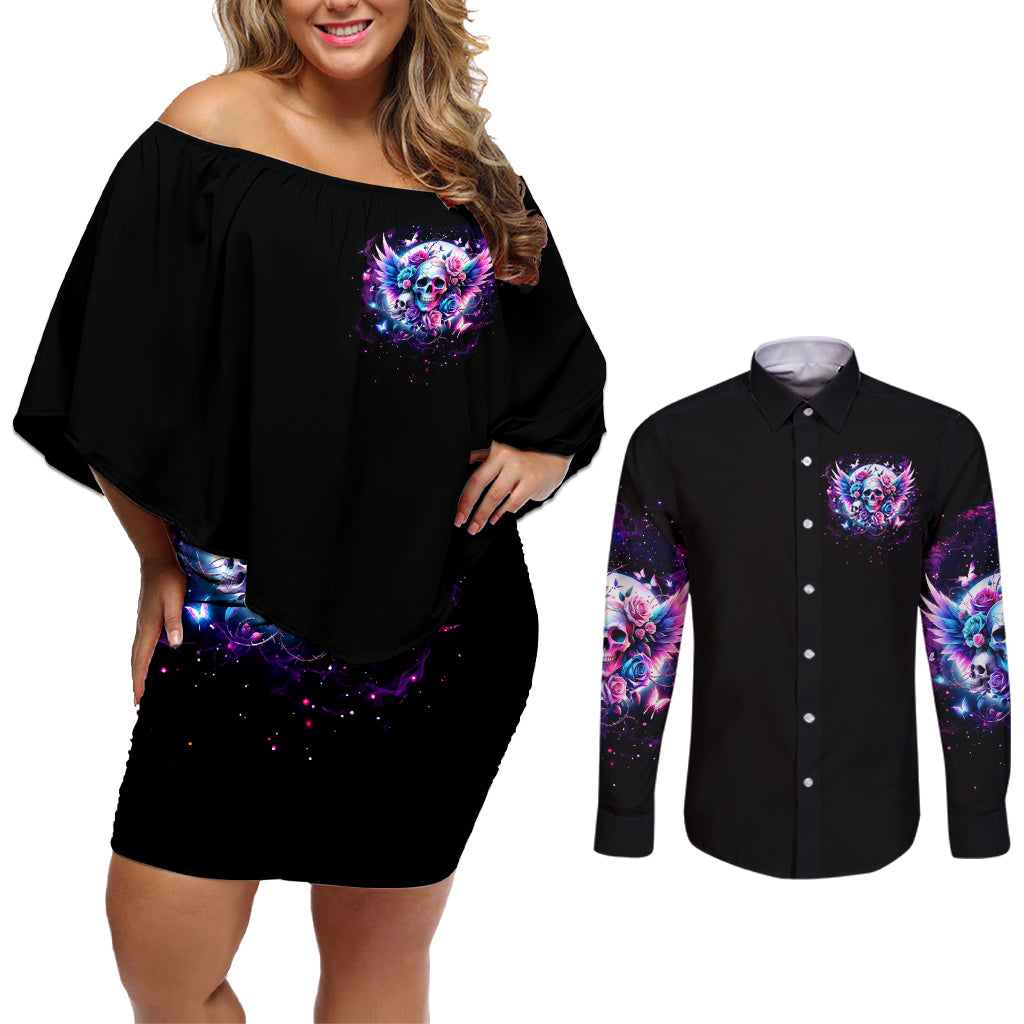 Wings Skll Couples Matching Off Shoulder Short Dress and Long Sleeve Button Shirt I'm A Good Person But Don't Give Me A Reason To Show My Evil - Wonder Print Shop