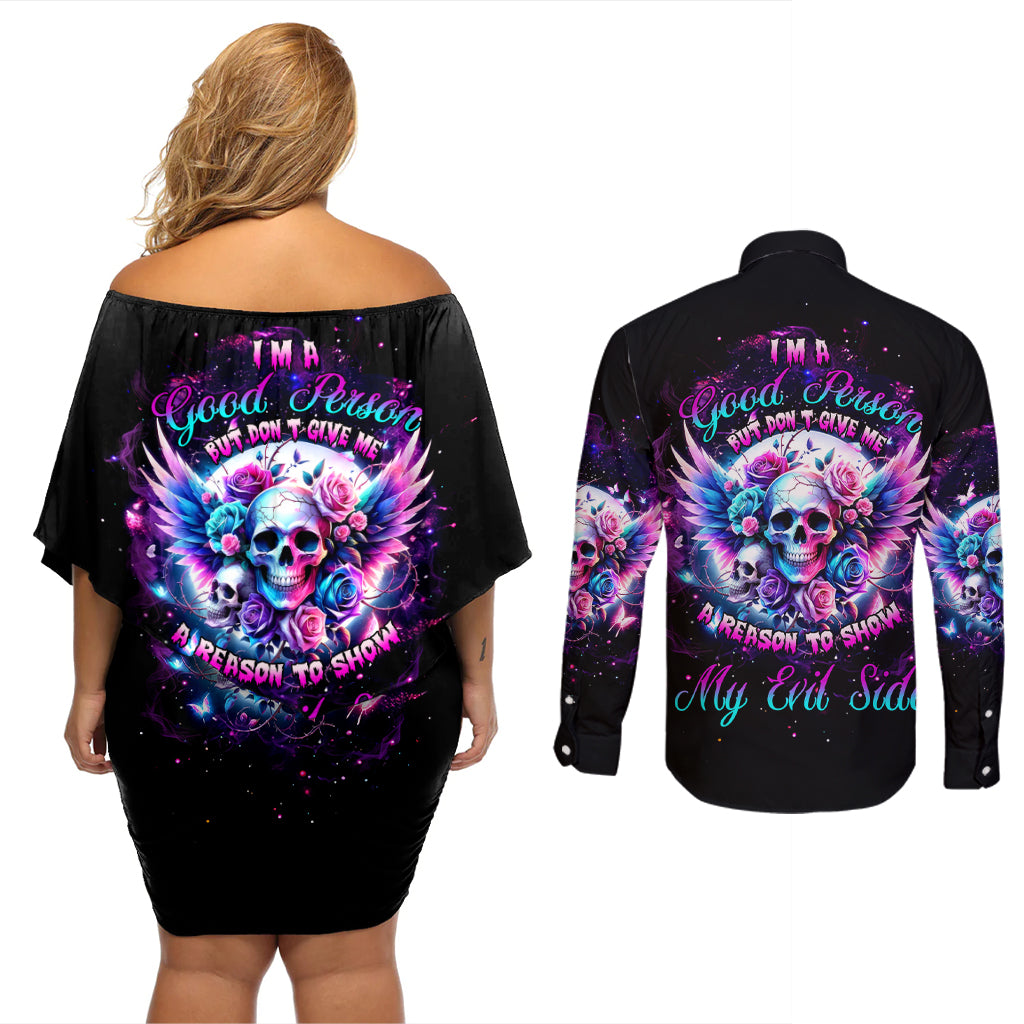 Wings Skll Couples Matching Off Shoulder Short Dress and Long Sleeve Button Shirt I'm A Good Person But Don't Give Me A Reason To Show My Evil - Wonder Print Shop