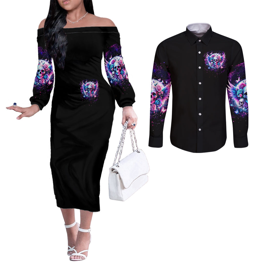 Wings Skll Couples Matching Off The Shoulder Long Sleeve Dress and Long Sleeve Button Shirt I'm A Good Person But Don't Give Me A Reason To Show My Evil