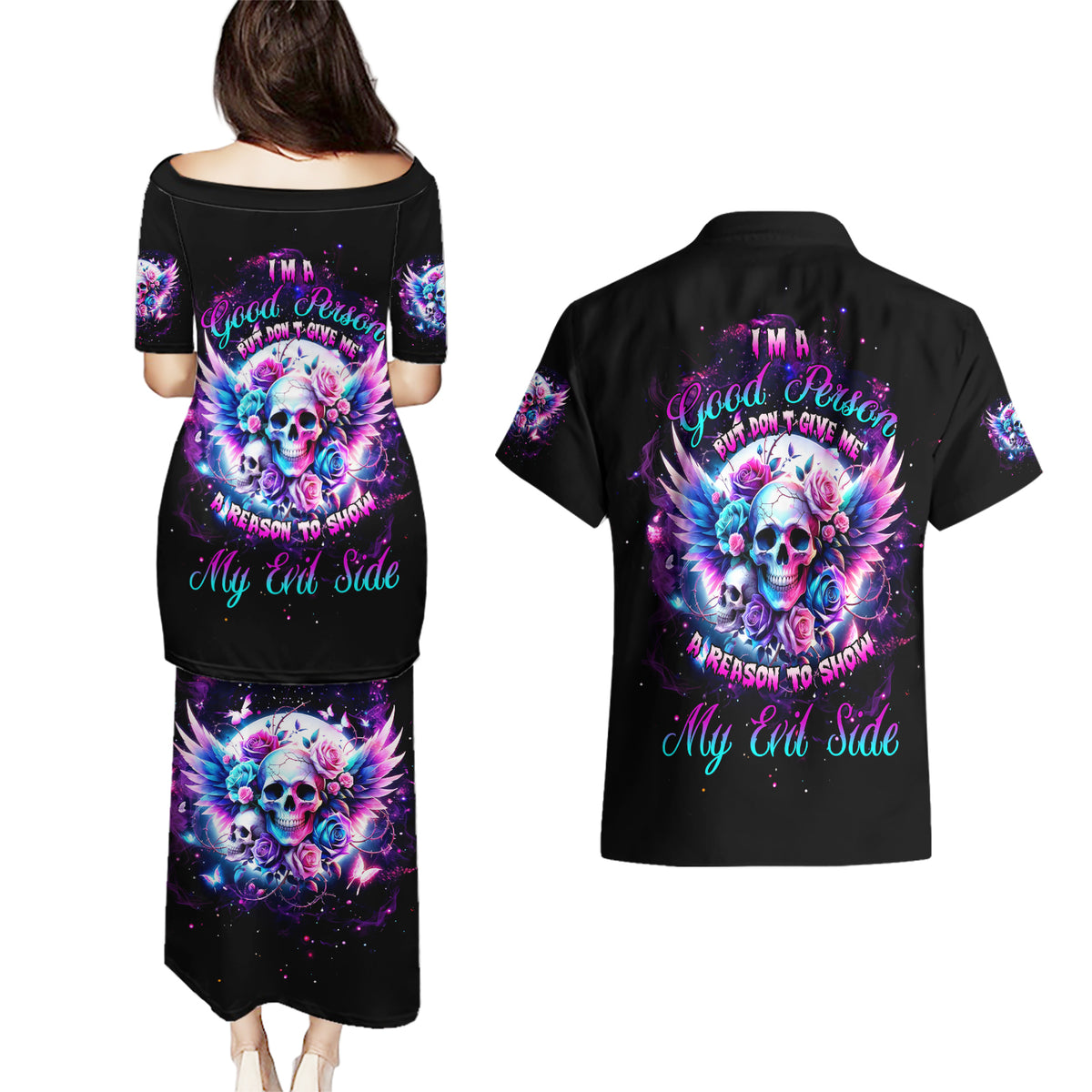 Wings Skll Couples Matching Puletasi and Hawaiian Shirt I'm A Good Person But Don't Give Me A Reason To Show My Evil - Wonder Print Shop