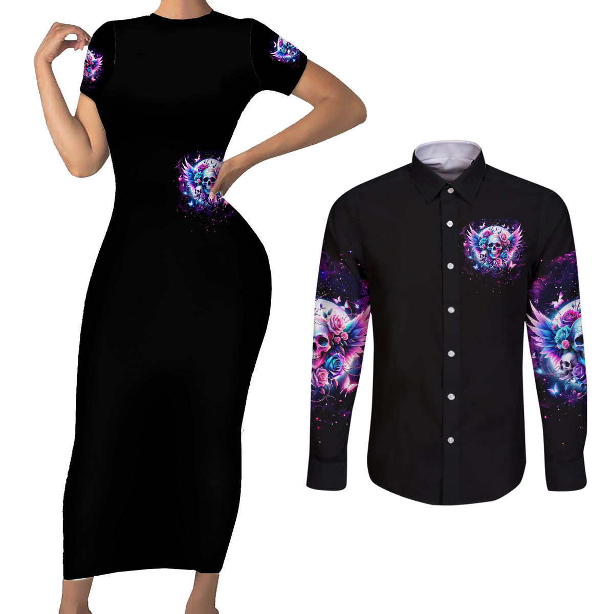 Wings Skll Couples Matching Short Sleeve Bodycon Dress and Long Sleeve Button Shirt I'm A Good Person But Don't Give Me A Reason To Show My Evil - Wonder Print Shop