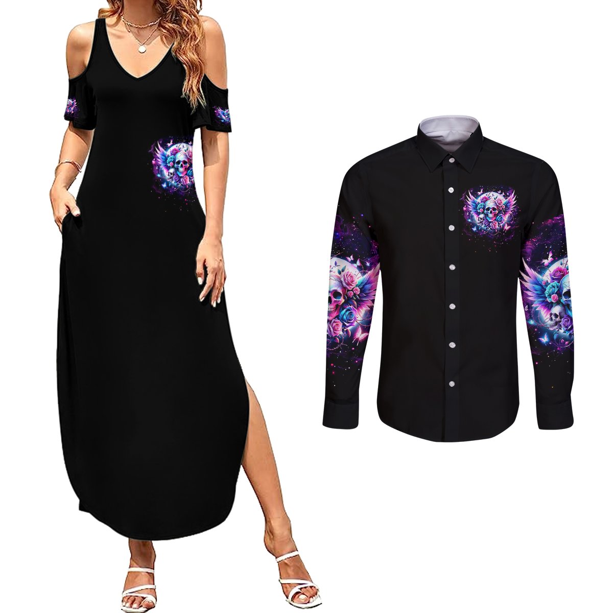 Wings Skll Couples Matching Summer Maxi Dress and Long Sleeve Button Shirt I'm A Good Person But Don't Give Me A Reason To Show My Evil - Wonder Print Shop