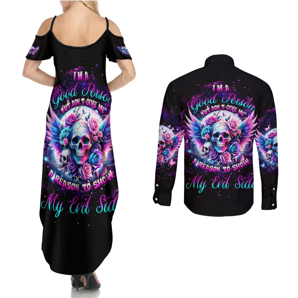 Wings Skll Couples Matching Summer Maxi Dress and Long Sleeve Button Shirt I'm A Good Person But Don't Give Me A Reason To Show My Evil - Wonder Print Shop