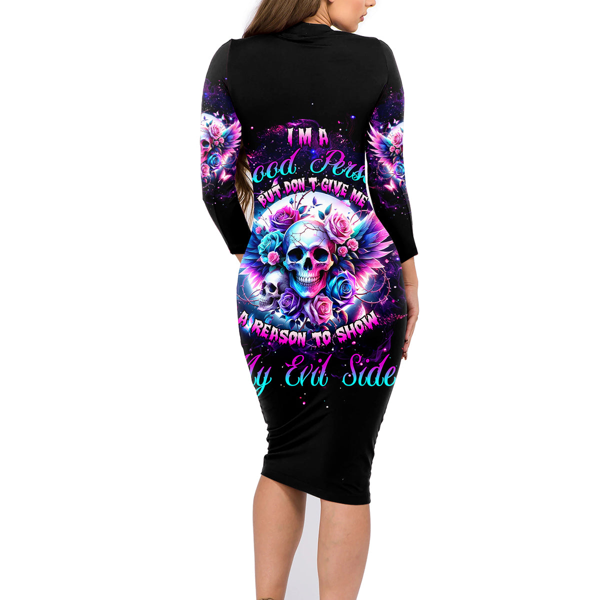 Wings Skll Family Matching Long Sleeve Bodycon Dress and Hawaiian Shirt I'm A Good Person But Don't Give Me A Reason To Show My Evil - Wonder Print Shop