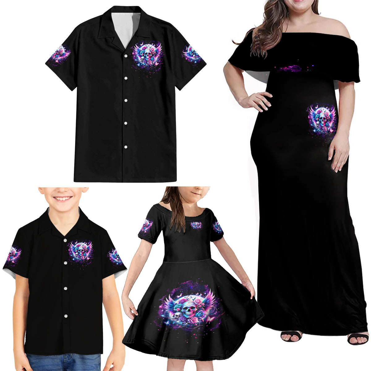 Wings Skll Family Matching Off Shoulder Maxi Dress and Hawaiian Shirt I'm A Good Person But Don't Give Me A Reason To Show My Evil - Wonder Print Shop