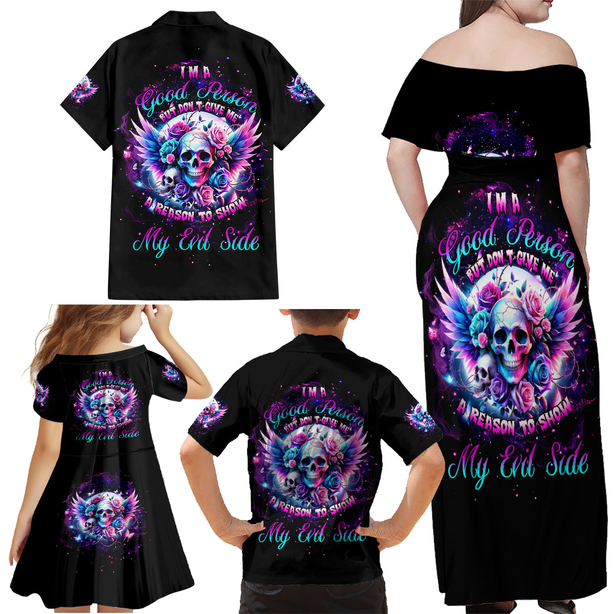 Wings Skll Family Matching Off Shoulder Maxi Dress and Hawaiian Shirt I'm A Good Person But Don't Give Me A Reason To Show My Evil - Wonder Print Shop