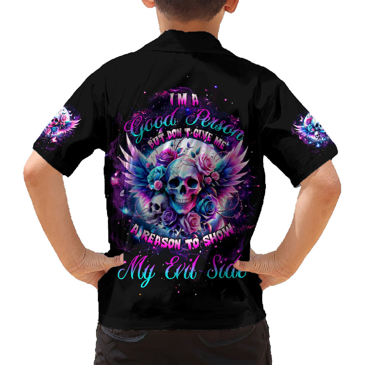 Wings Skll Family Matching Short Sleeve Bodycon Dress and Hawaiian Shirt I'm A Good Person But Don't Give Me A Reason To Show My Evil - Wonder Print Shop