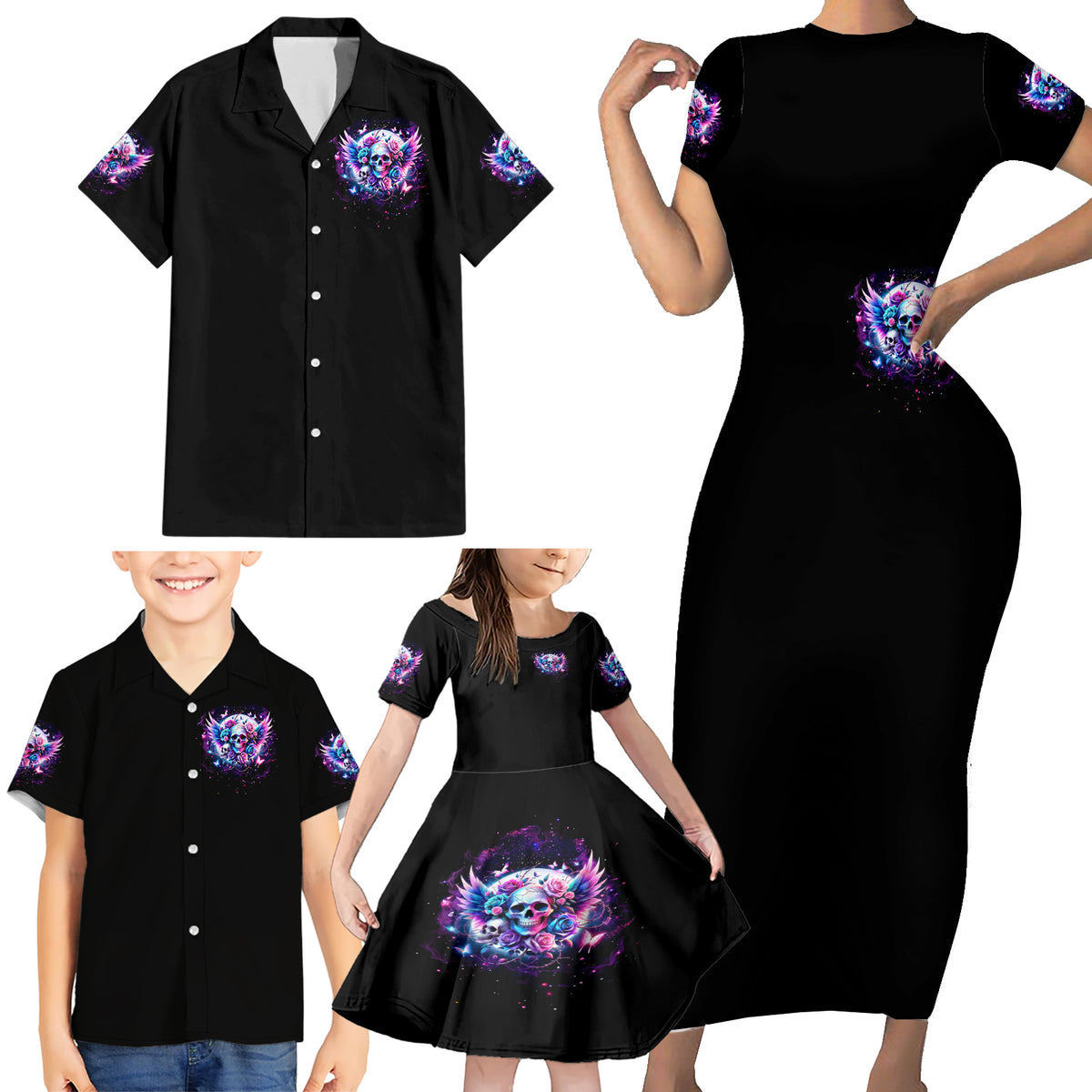 Wings Skll Family Matching Short Sleeve Bodycon Dress and Hawaiian Shirt I'm A Good Person But Don't Give Me A Reason To Show My Evil - Wonder Print Shop