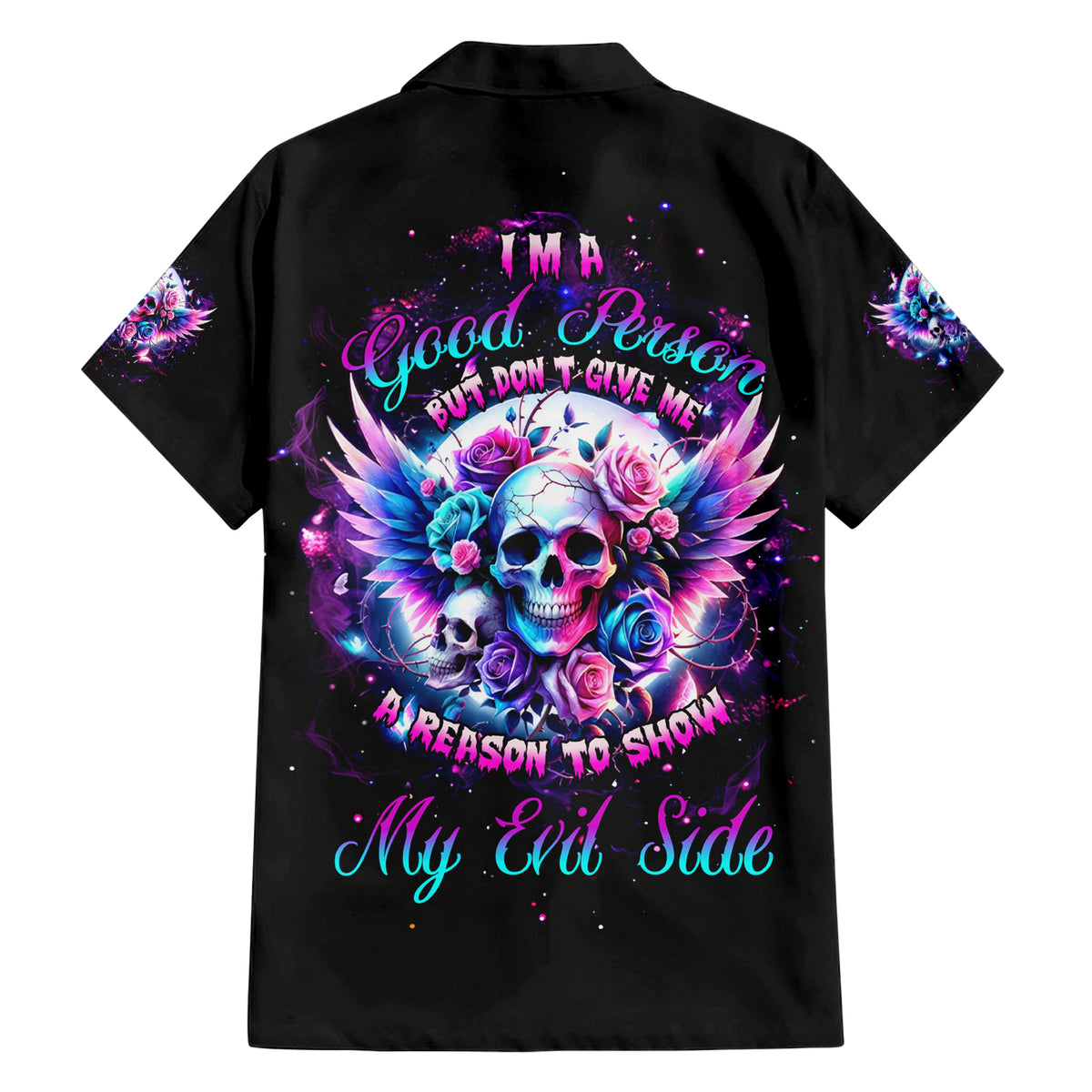 Wings Skll Family Matching Short Sleeve Bodycon Dress and Hawaiian Shirt I'm A Good Person But Don't Give Me A Reason To Show My Evil - Wonder Print Shop