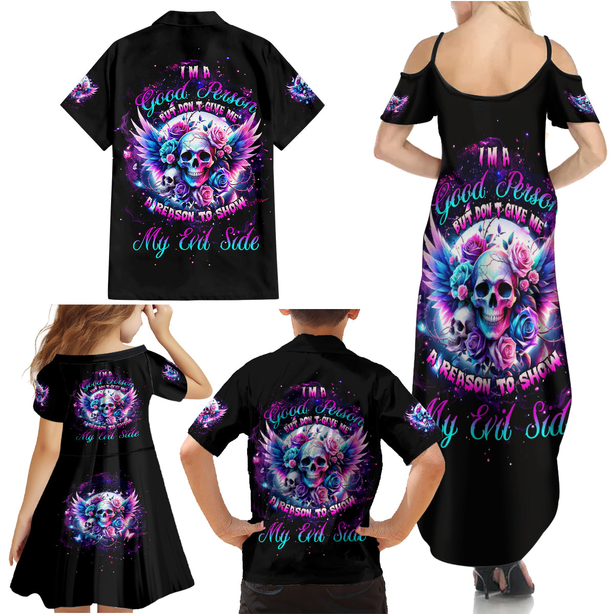 Wings Skll Family Matching Summer Maxi Dress and Hawaiian Shirt I'm A Good Person But Don't Give Me A Reason To Show My Evil - Wonder Print Shop