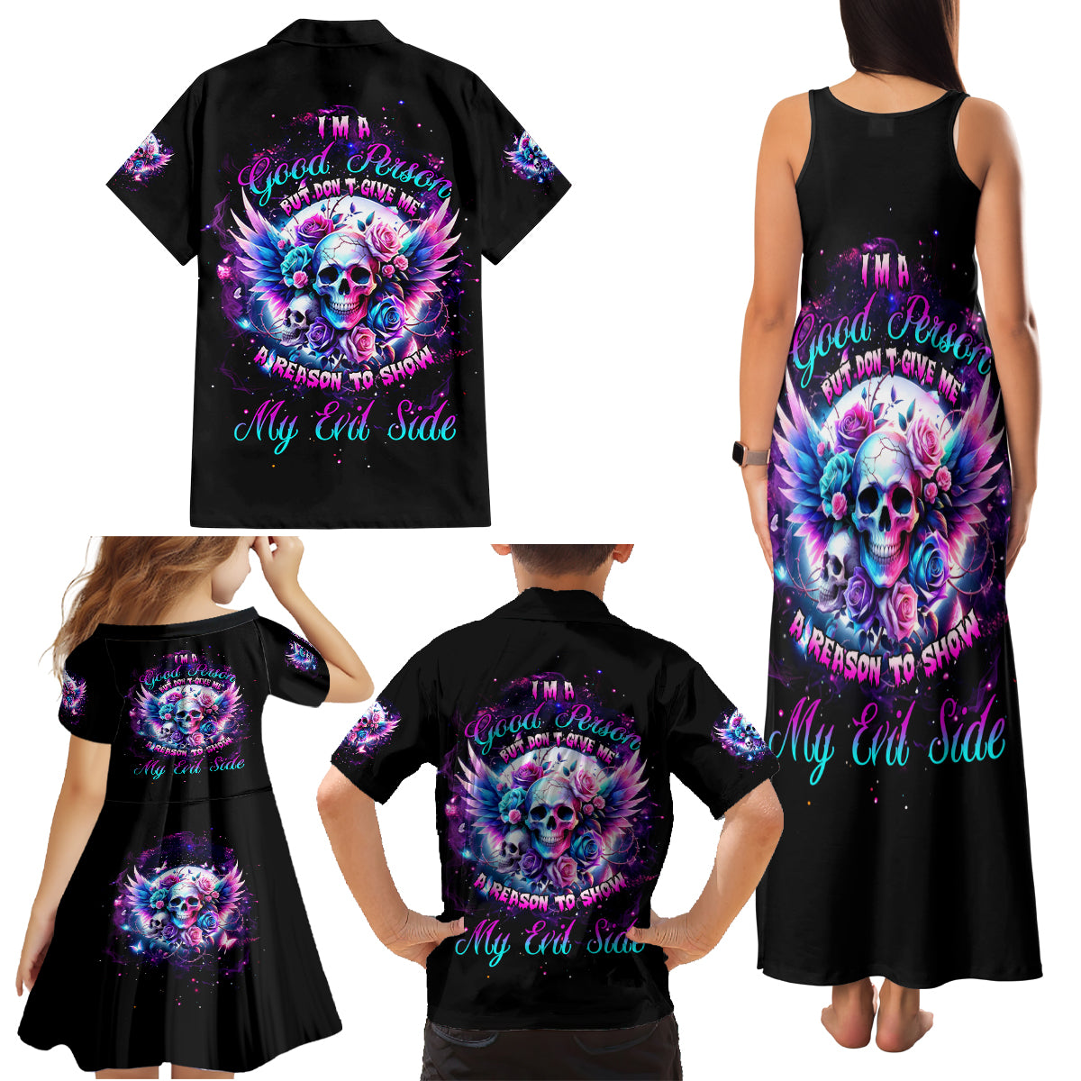 Wings Skll Family Matching Tank Maxi Dress and Hawaiian Shirt I'm A Good Person But Don't Give Me A Reason To Show My Evil - Wonder Print Shop
