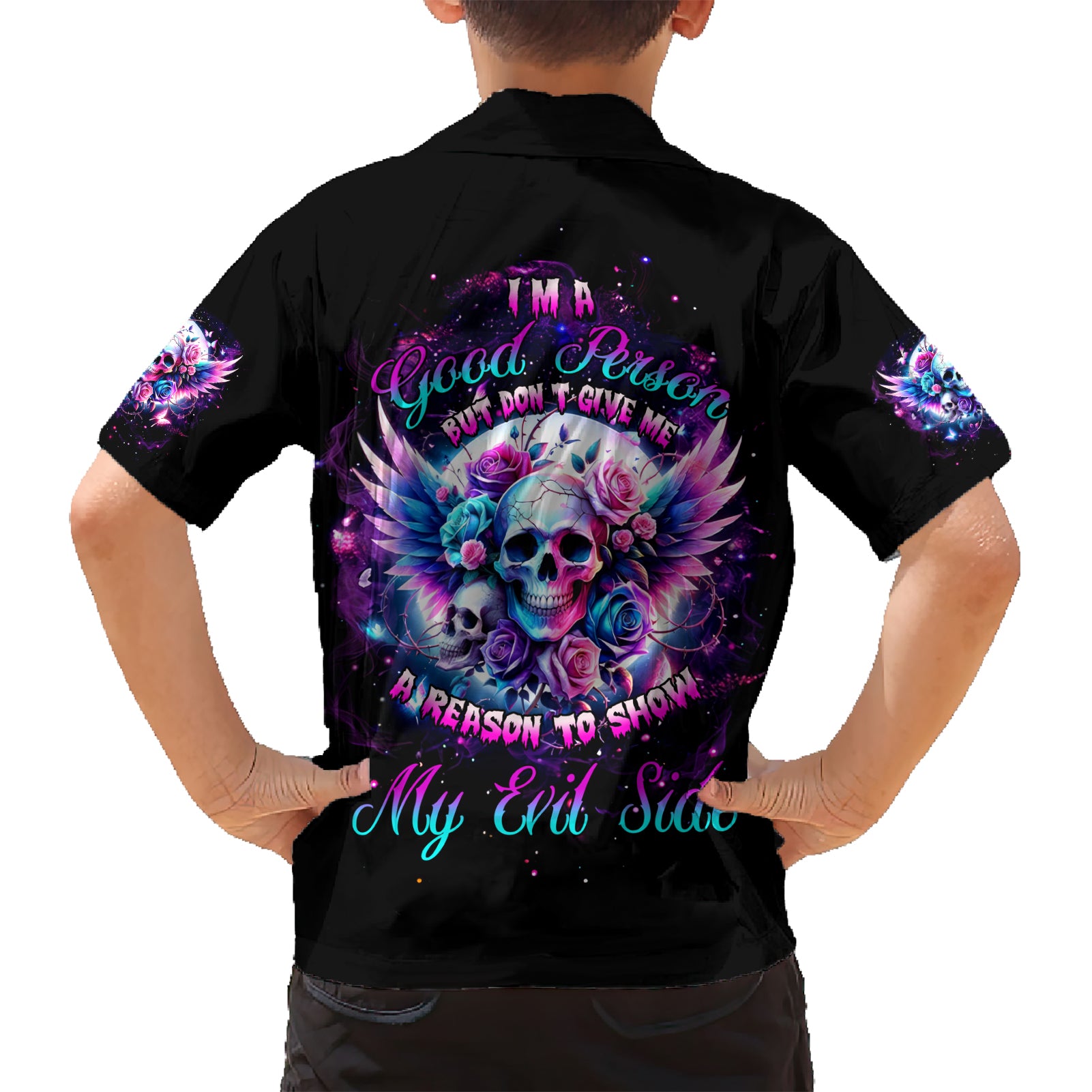 Wings Skll Kid Hawaiian Shirt I'm A Good Person But Don't Give Me A Reason To Show My Evil - Wonder Print Shop