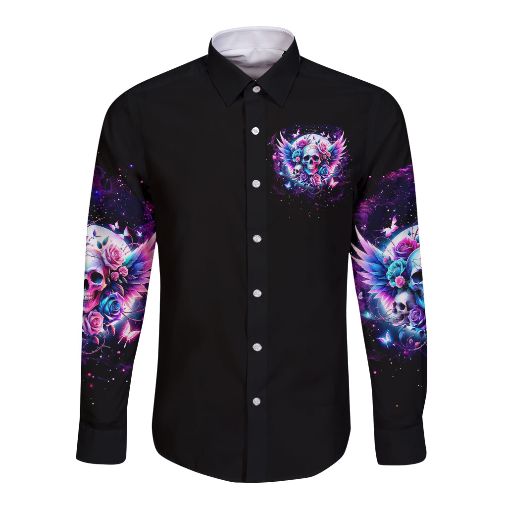 Wings Skll Long Sleeve Button Shirt I'm A Good Person But Don't Give Me A Reason To Show My Evil - Wonder Print Shop