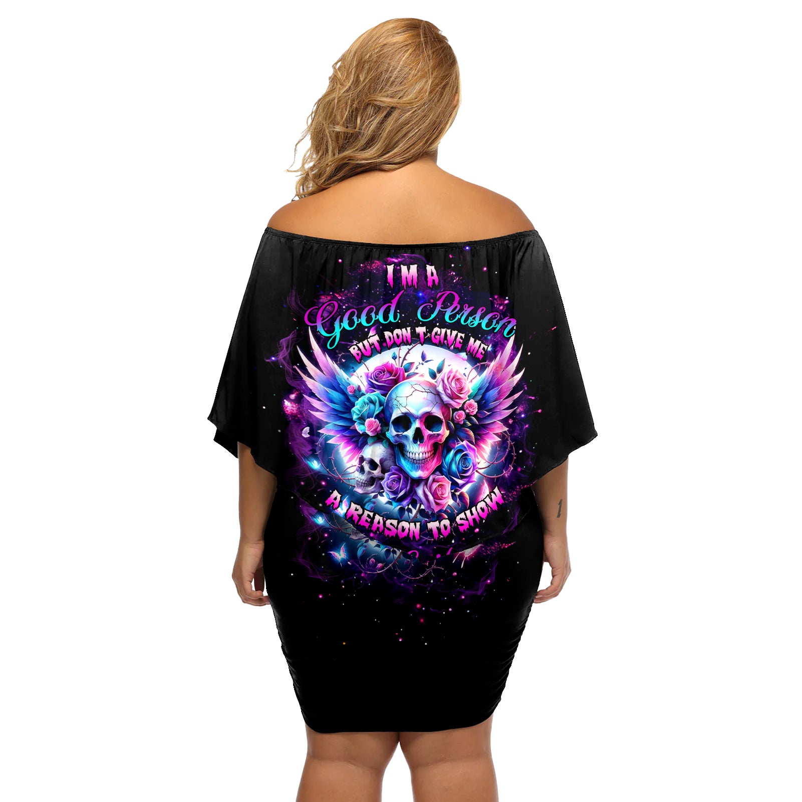 Wings Skll Off Shoulder Short Dress I'm A Good Person But Don't Give Me A Reason To Show My Evil - Wonder Print Shop
