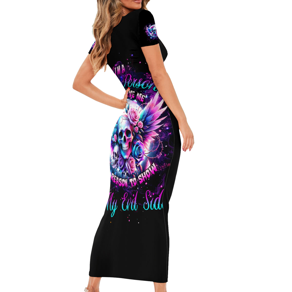 Wings Skll Short Sleeve Bodycon Dress I'm A Good Person But Don't Give Me A Reason To Show My Evil - Wonder Print Shop