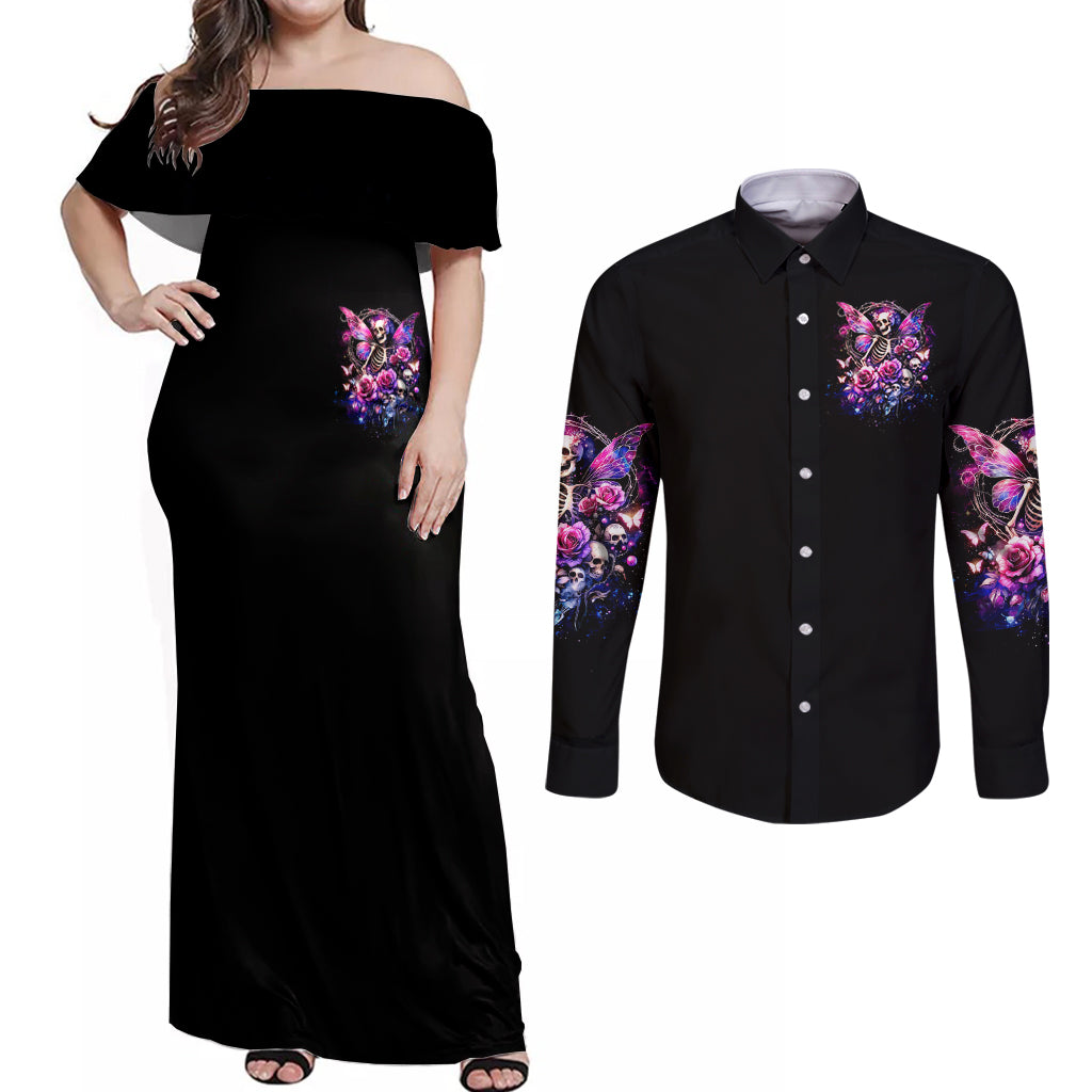 Fairy Skull Couples Matching Off Shoulder Maxi Dress and Long Sleeve Button Shirt In My Next Life I Want To Be The Karma Fairy - Wonder Print Shop