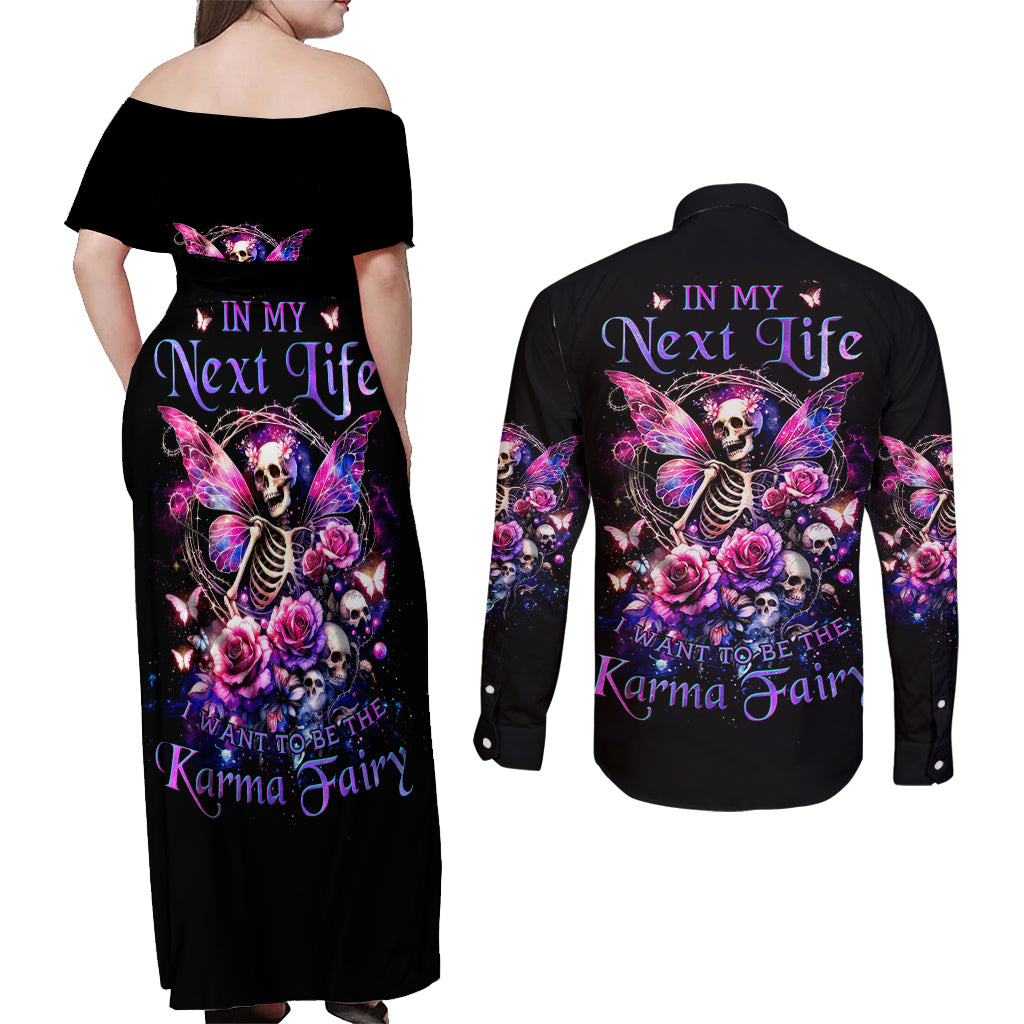 Fairy Skull Couples Matching Off Shoulder Maxi Dress and Long Sleeve Button Shirt In My Next Life I Want To Be The Karma Fairy - Wonder Print Shop