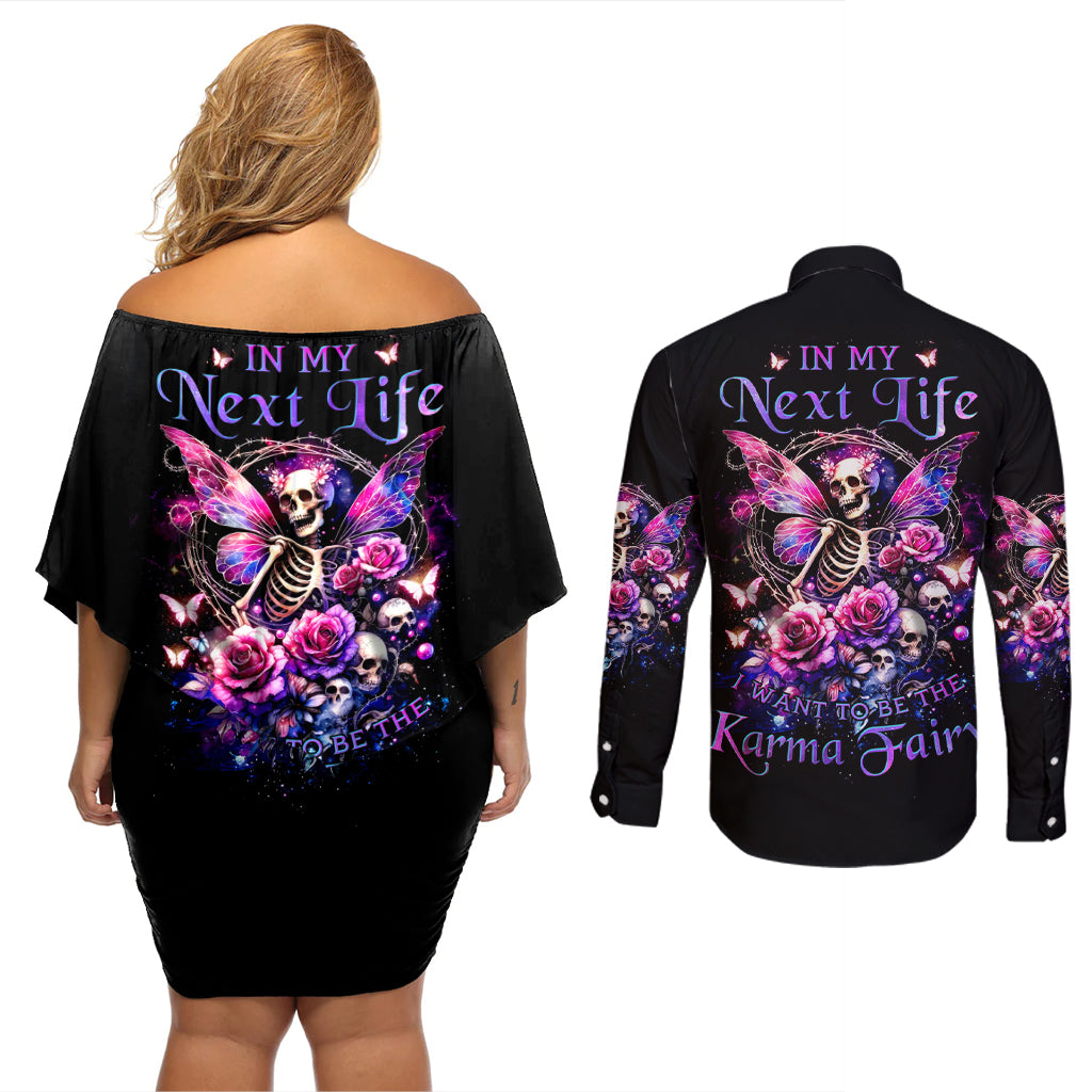 Fairy Skull Couples Matching Off Shoulder Short Dress and Long Sleeve Button Shirt In My Next Life I Want To Be The Karma Fairy - Wonder Print Shop