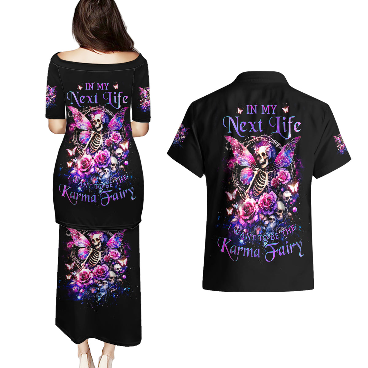 Fairy Skull Couples Matching Puletasi and Hawaiian Shirt In My Next Life I Want To Be The Karma Fairy - Wonder Print Shop