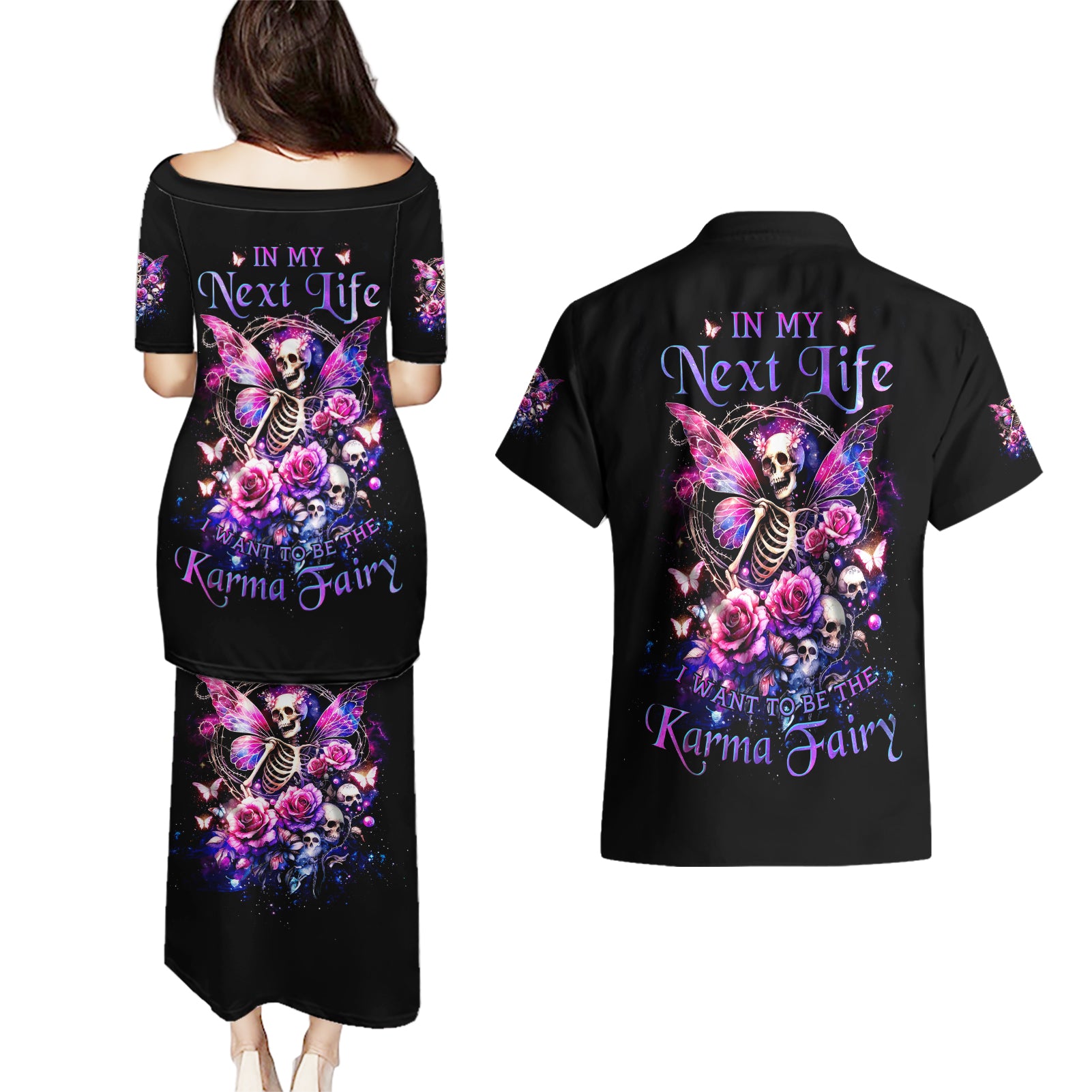 Fairy Skull Couples Matching Puletasi and Hawaiian Shirt In My Next Life I Want To Be The Karma Fairy - Wonder Print Shop