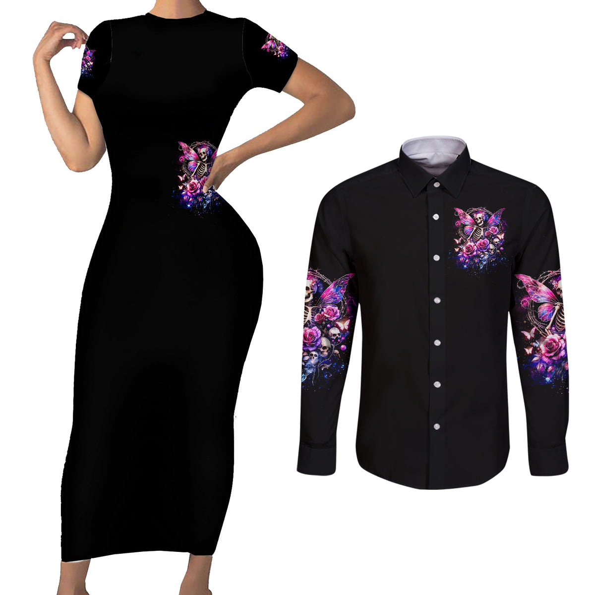 Fairy Skull Couples Matching Short Sleeve Bodycon Dress and Long Sleeve Button Shirt In My Next Life I Want To Be The Karma Fairy - Wonder Print Shop