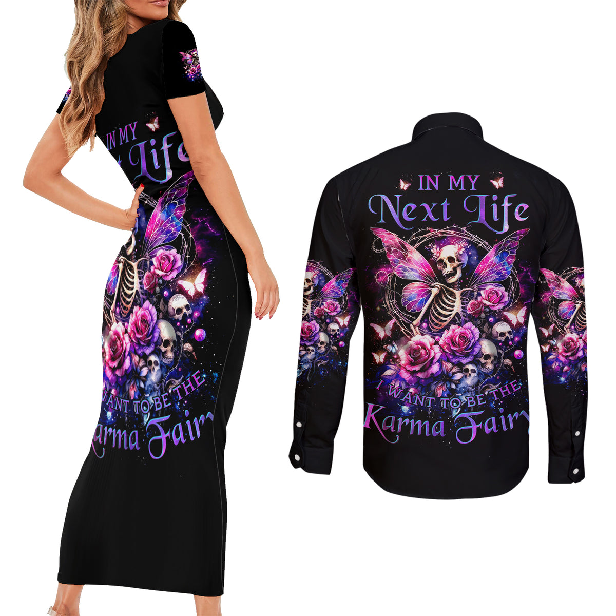 Fairy Skull Couples Matching Short Sleeve Bodycon Dress and Long Sleeve Button Shirt In My Next Life I Want To Be The Karma Fairy - Wonder Print Shop