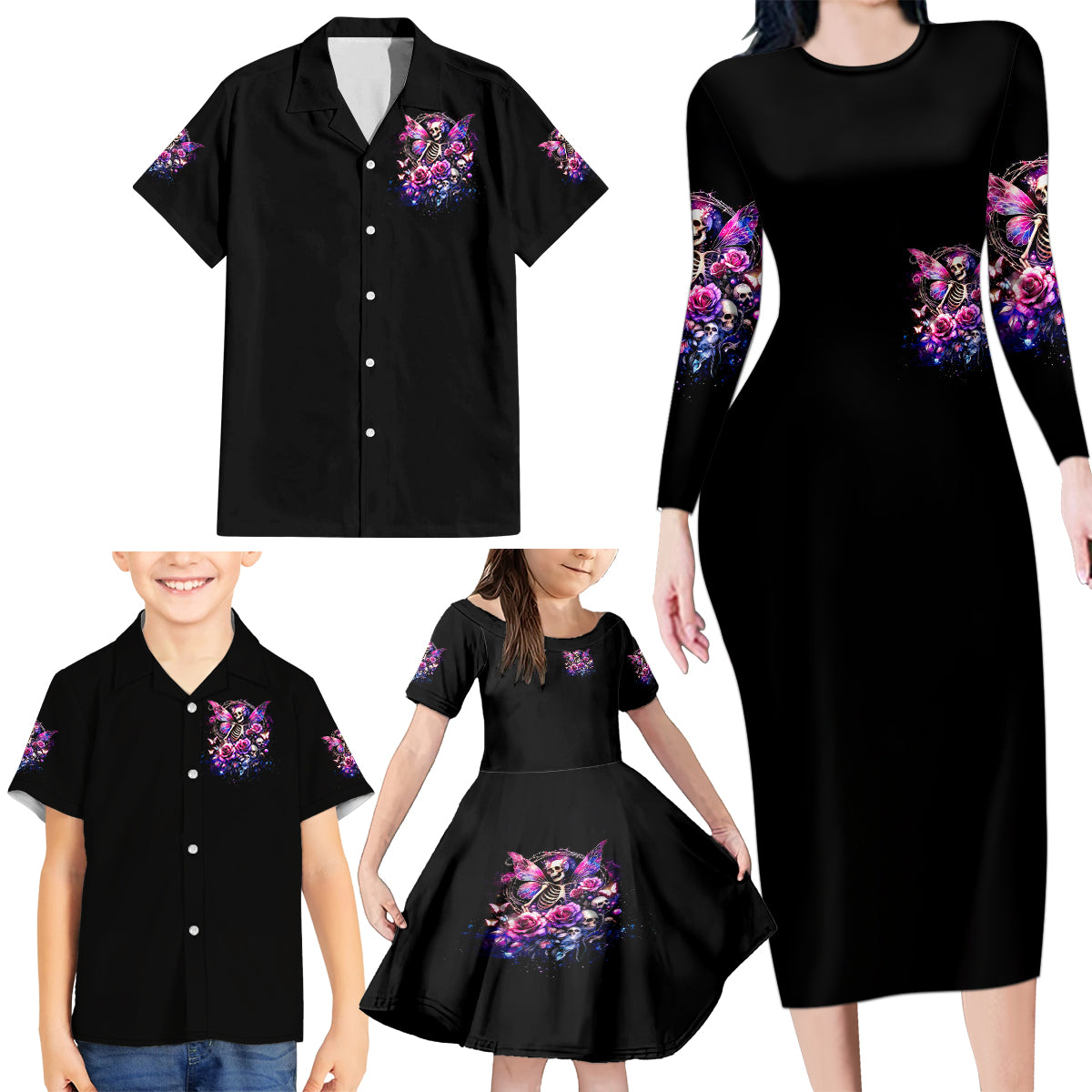 Fairy Skull Family Matching Long Sleeve Bodycon Dress and Hawaiian Shirt In My Next Life I Want To Be The Karma Fairy - Wonder Print Shop
