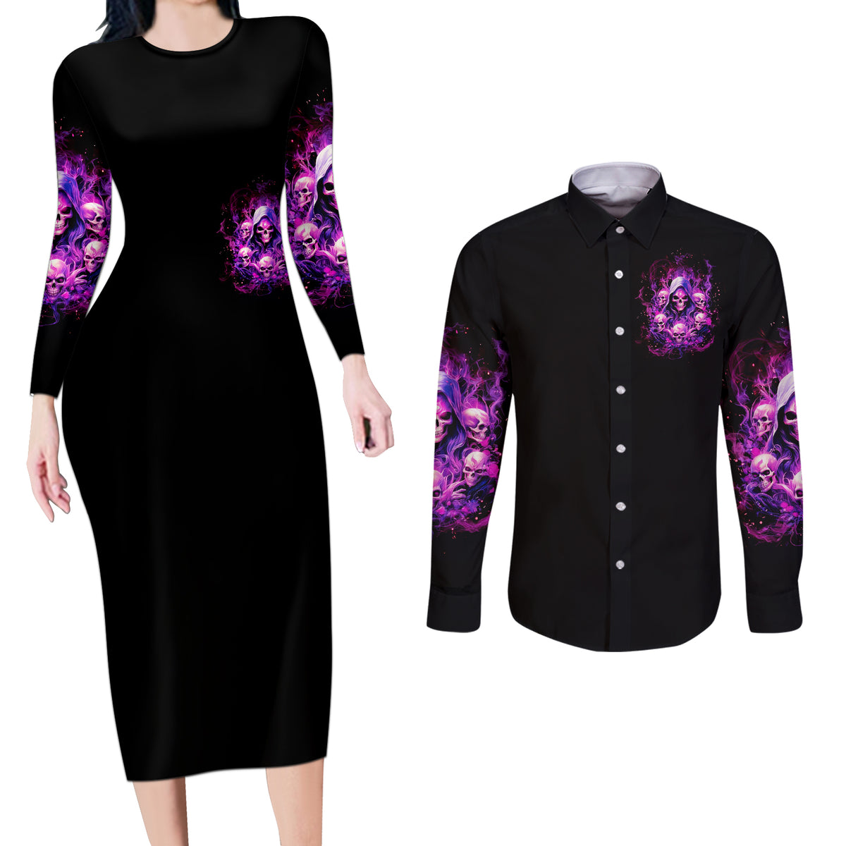 Witch Skull Couples Matching Long Sleeve Bodycon Dress and Long Sleeve Button Shirt The Good Girl In Me Got Tired Of The Bullshit - Wonder Print Shop