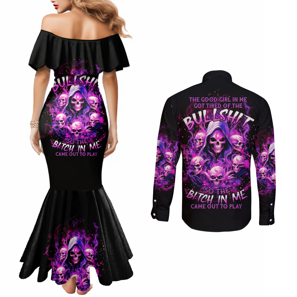 Witch Skull Couples Matching Mermaid Dress and Long Sleeve Button Shirt The Good Girl In Me Got Tired Of The Bullshit