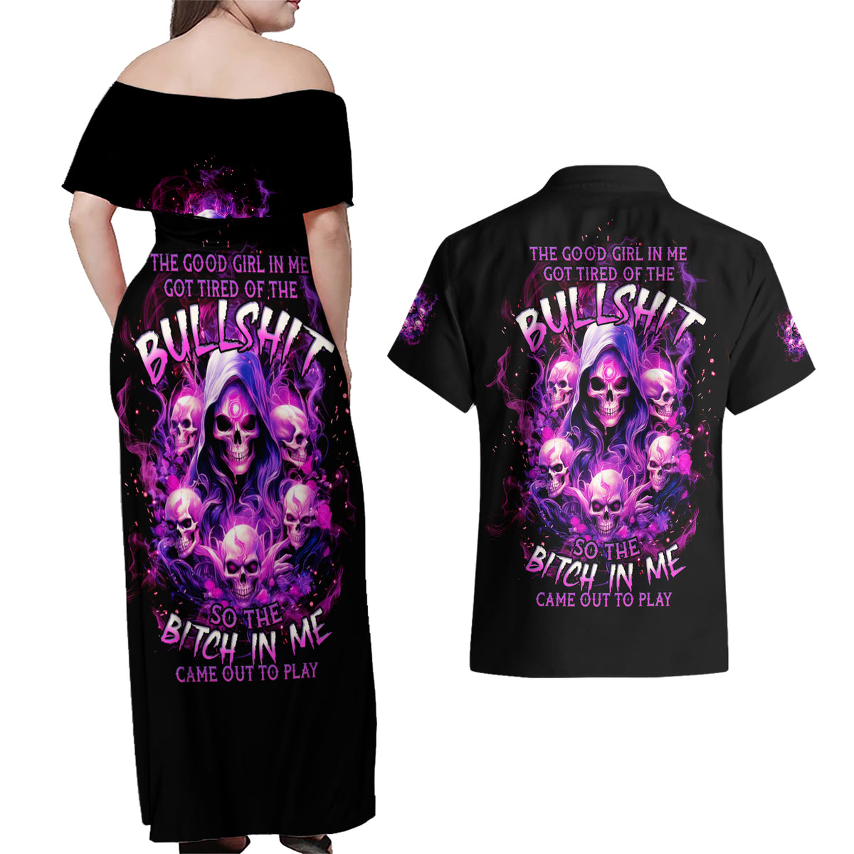 Witch Skull Couples Matching Off Shoulder Maxi Dress and Hawaiian Shirt The Good Girl In Me Got Tired Of The Bullshit - Wonder Print Shop