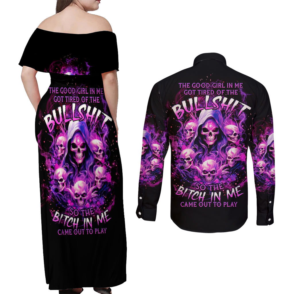 Witch Skull Couples Matching Off Shoulder Maxi Dress and Long Sleeve Button Shirt The Good Girl In Me Got Tired Of The Bullshit - Wonder Print Shop