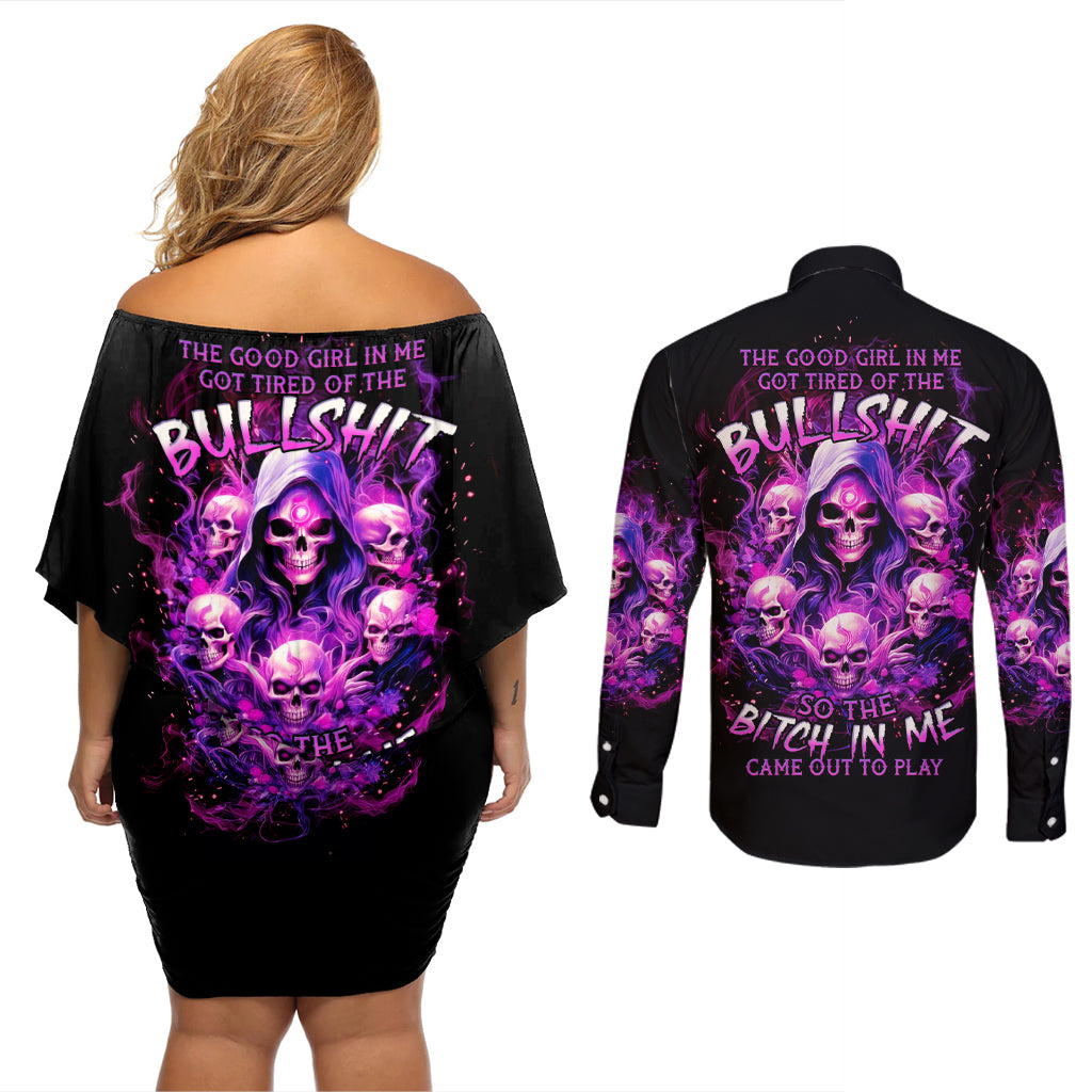 Witch Skull Couples Matching Off Shoulder Short Dress and Long Sleeve Button Shirt The Good Girl In Me Got Tired Of The Bullshit - Wonder Print Shop