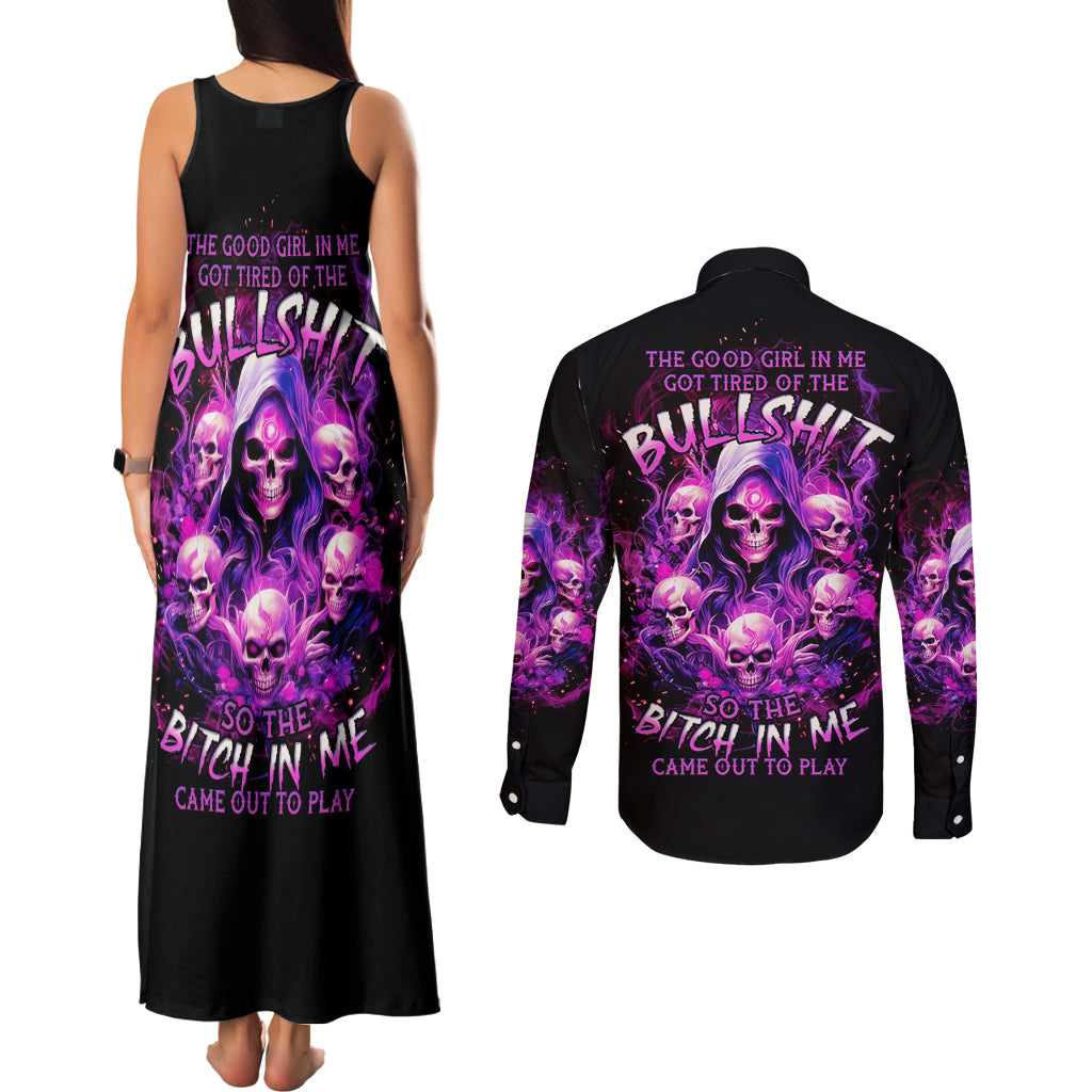 Witch Skull Couples Matching Tank Maxi Dress and Long Sleeve Button Shirt The Good Girl In Me Got Tired Of The Bullshit - Wonder Print Shop