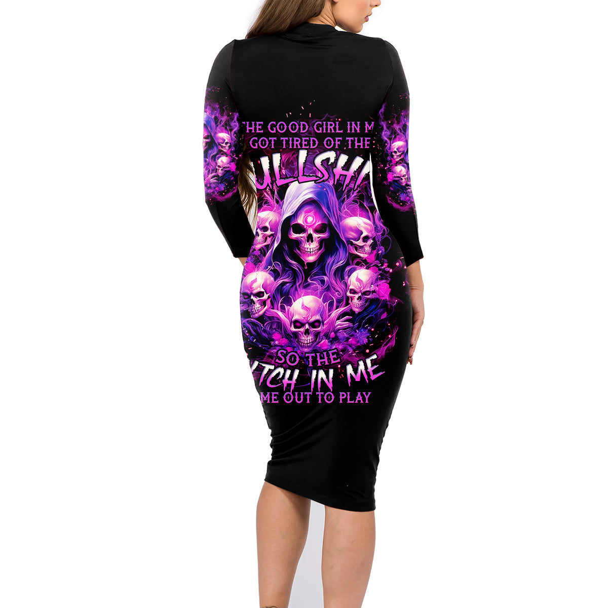 Witch Skull Family Matching Long Sleeve Bodycon Dress and Hawaiian Shirt The Good Girl In Me Got Tired Of The Bullshit - Wonder Print Shop
