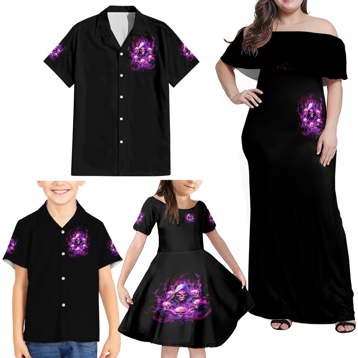 Witch Skull Family Matching Off Shoulder Maxi Dress and Hawaiian Shirt The Good Girl In Me Got Tired Of The Bullshit - Wonder Print Shop