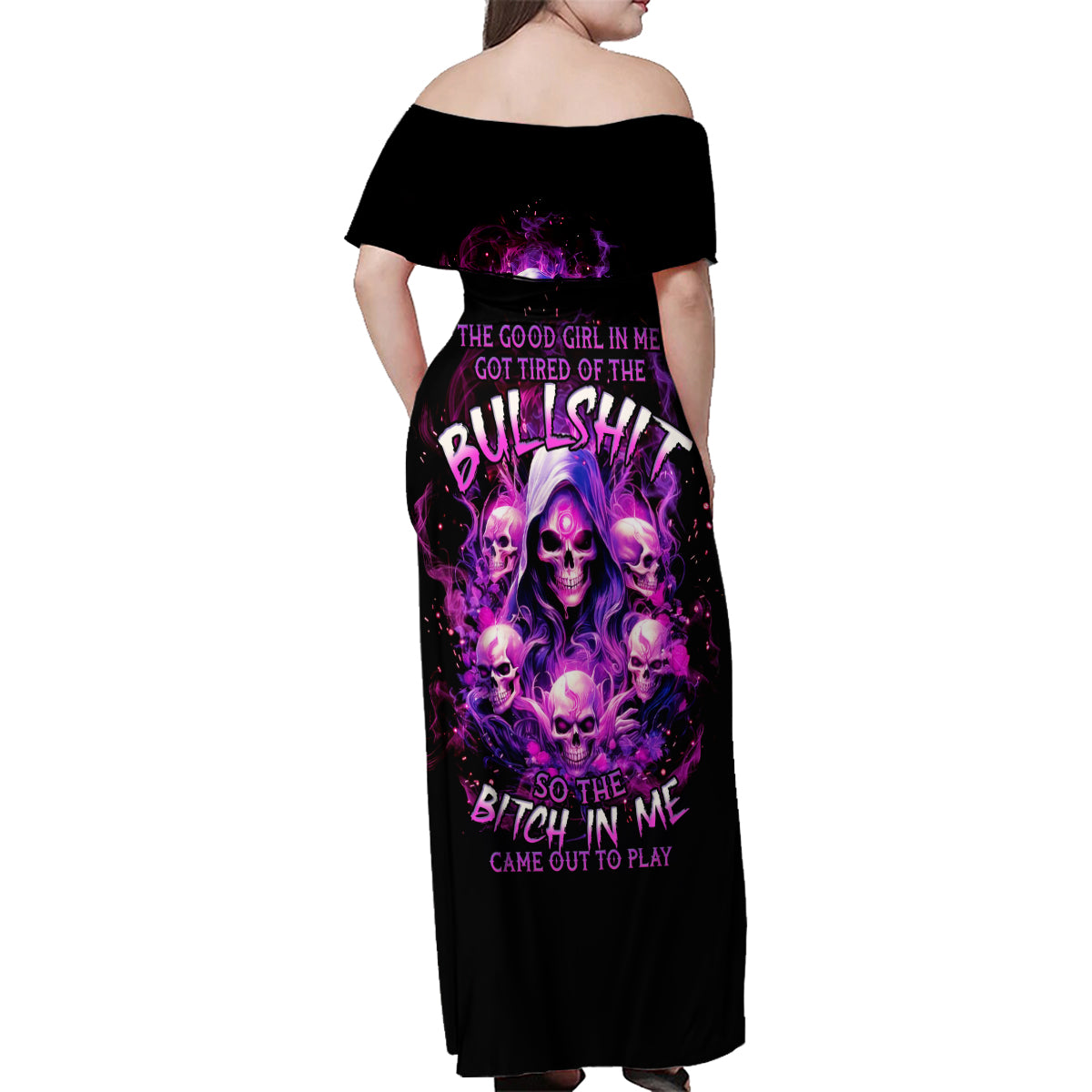 Witch Skull Family Matching Off Shoulder Maxi Dress and Hawaiian Shirt The Good Girl In Me Got Tired Of The Bullshit - Wonder Print Shop