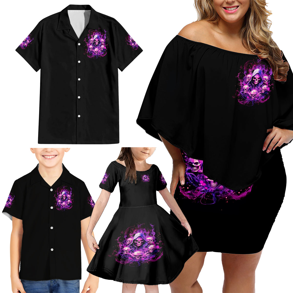 Witch Skull Family Matching Off Shoulder Short Dress and Hawaiian Shirt The Good Girl In Me Got Tired Of The Bullshit - Wonder Print Shop
