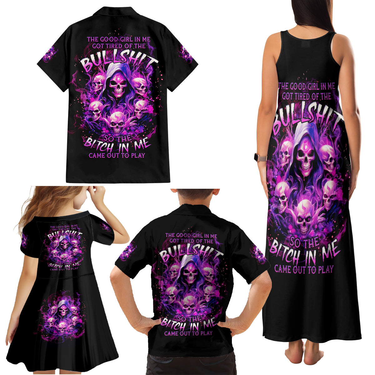 Witch Skull Family Matching Tank Maxi Dress and Hawaiian Shirt The Good Girl In Me Got Tired Of The Bullshit - Wonder Print Shop