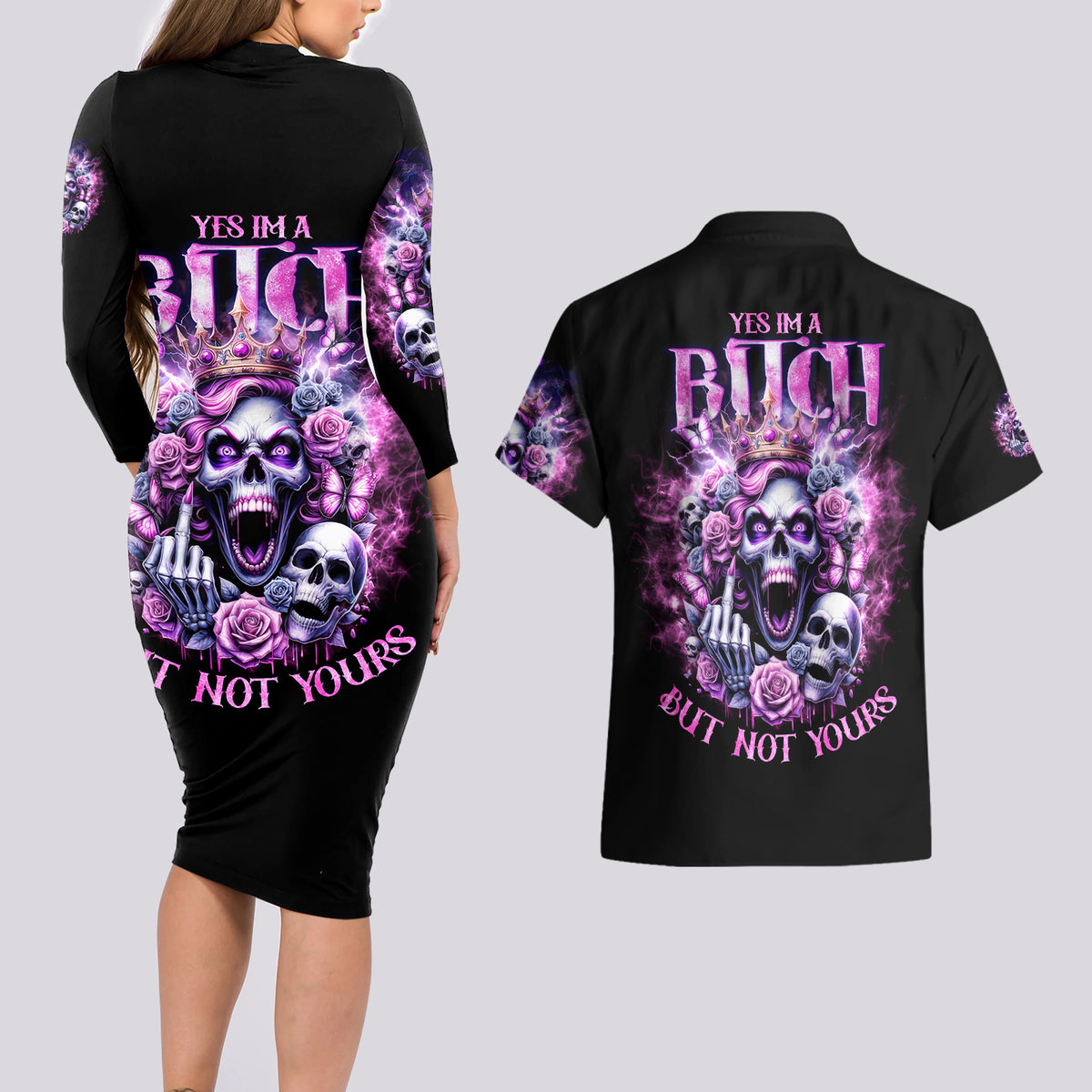 Queen Skull Couples Matching Long Sleeve Bodycon Dress and Hawaiian Shirt Yes I'm A Bitch But Not Yours - Wonder Print Shop