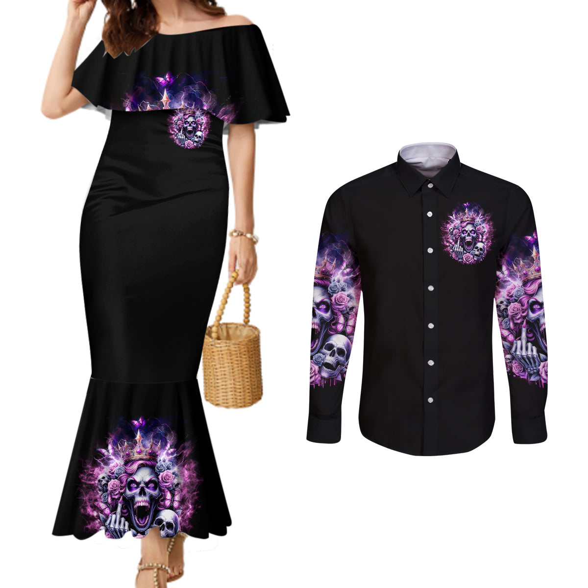 Queen Skull Couples Matching Mermaid Dress and Long Sleeve Button Shirt Yes I'm A Bitch But Not Yours