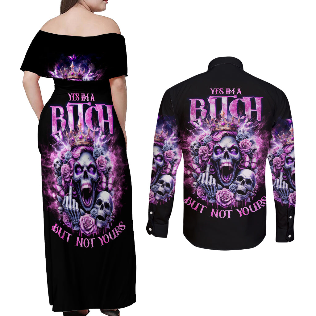 Queen Skull Couples Matching Off Shoulder Maxi Dress and Long Sleeve Button Shirt Yes I'm A Bitch But Not Yours - Wonder Print Shop